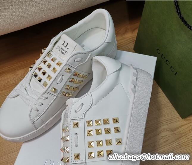 Popular Style Valentino Untitled Rockstud Sneakers in Calfskin White/Gold 427022