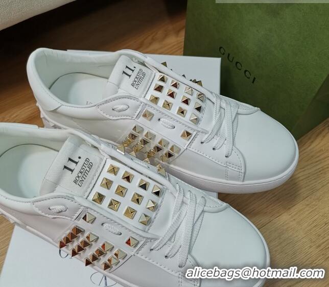 Popular Style Valentino Untitled Rockstud Sneakers in Calfskin White/Gold 427022