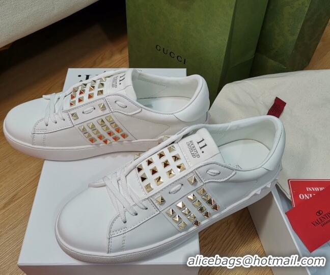 Popular Style Valentino Untitled Rockstud Sneakers in Calfskin White/Gold 427022