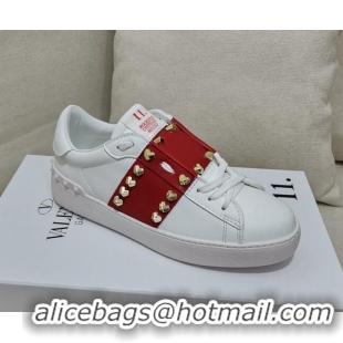 Sumptuous Valentino Untitled Heart-Rockstud Sneakers with Red Stripe in White Calfskin 0427024