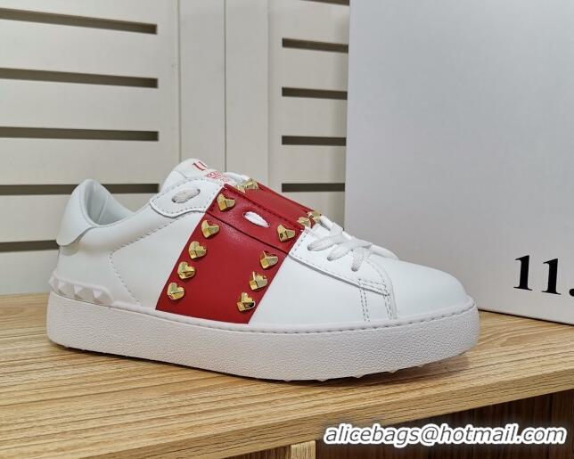 Sumptuous Valentino Untitled Heart-Rockstud Sneakers with Red Stripe in White Calfskin 0427024