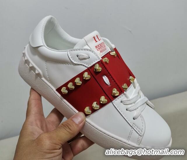 Sumptuous Valentino Untitled Heart-Rockstud Sneakers with Red Stripe in White Calfskin 0427024