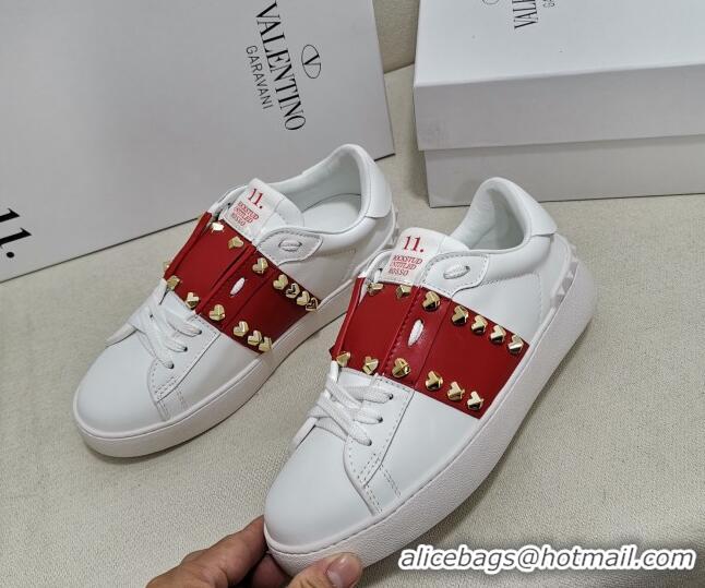 Sumptuous Valentino Untitled Heart-Rockstud Sneakers with Red Stripe in White Calfskin 0427024