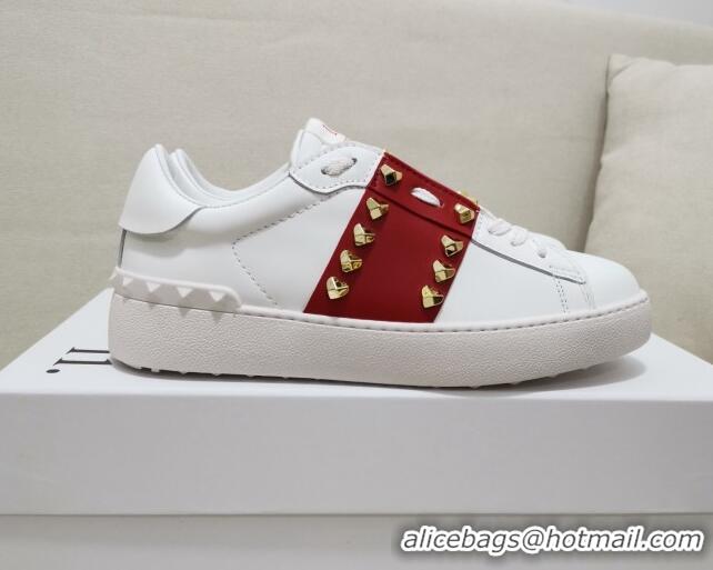 Sumptuous Valentino Untitled Heart-Rockstud Sneakers with Red Stripe in White Calfskin 0427024