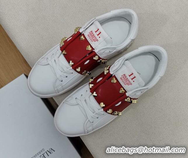 Sumptuous Valentino Untitled Heart-Rockstud Sneakers with Red Stripe in White Calfskin 0427024