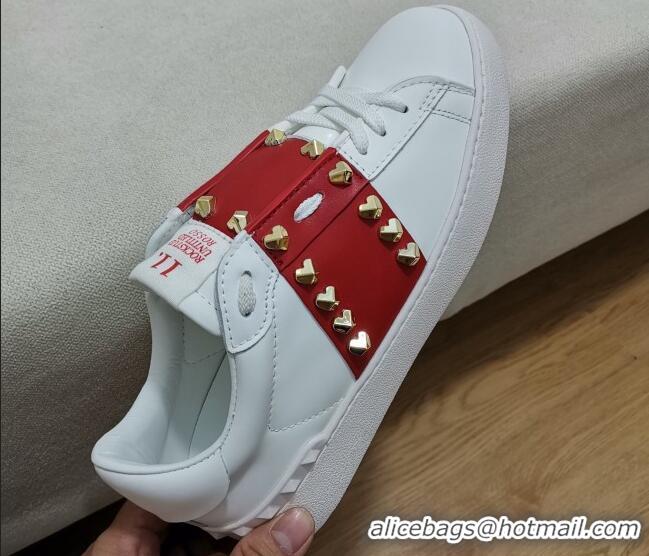 Sumptuous Valentino Untitled Heart-Rockstud Sneakers with Red Stripe in White Calfskin 0427024