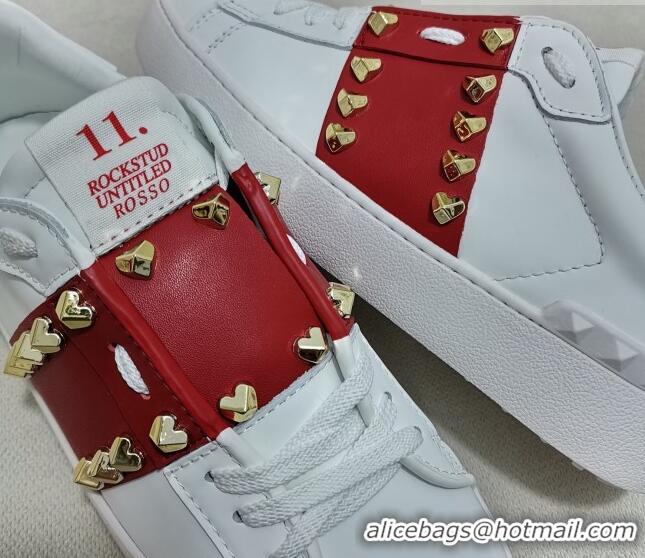 Sumptuous Valentino Untitled Heart-Rockstud Sneakers with Red Stripe in White Calfskin 0427024