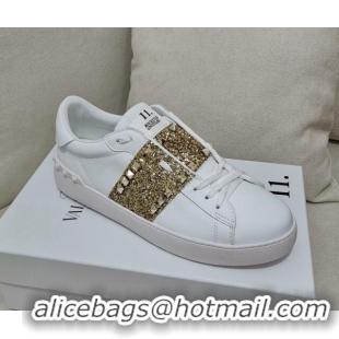 Best Quality Valentino Untitled Rockstud Sneakers with Gold Sequins Stripe in White Calfskin 0427025