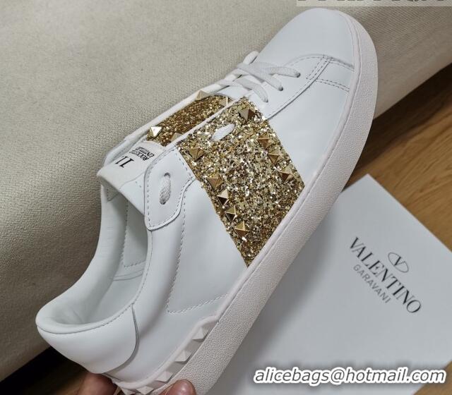 Best Quality Valentino Untitled Rockstud Sneakers with Gold Sequins Stripe in White Calfskin 0427025