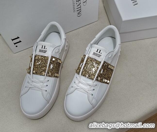 Best Quality Valentino Untitled Rockstud Sneakers with Gold Sequins Stripe in White Calfskin 0427025