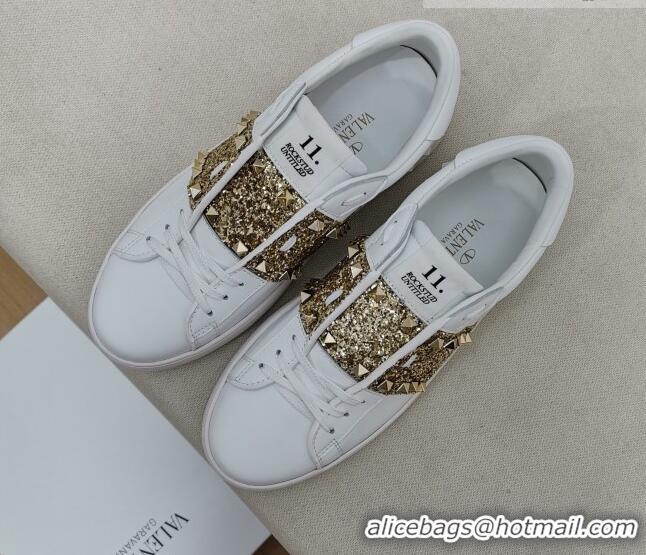 Best Quality Valentino Untitled Rockstud Sneakers with Gold Sequins Stripe in White Calfskin 0427025