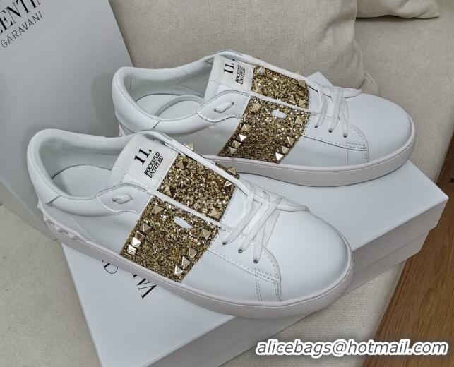 Best Quality Valentino Untitled Rockstud Sneakers with Gold Sequins Stripe in White Calfskin 0427025