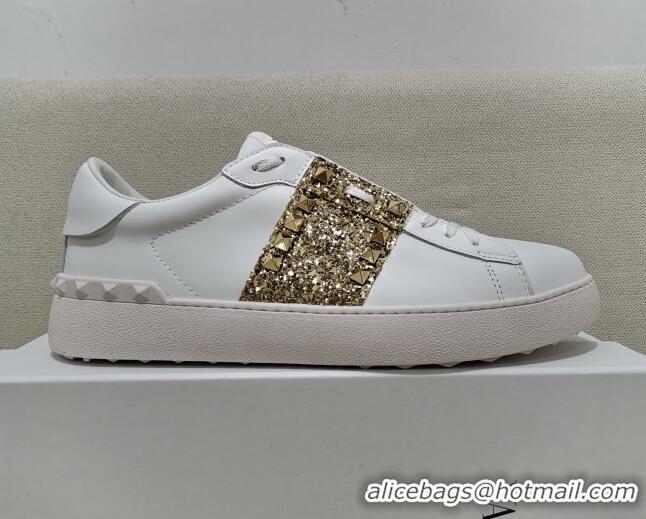 Best Quality Valentino Untitled Rockstud Sneakers with Gold Sequins Stripe in White Calfskin 0427025