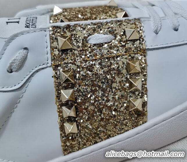 Best Quality Valentino Untitled Rockstud Sneakers with Gold Sequins Stripe in White Calfskin 0427025