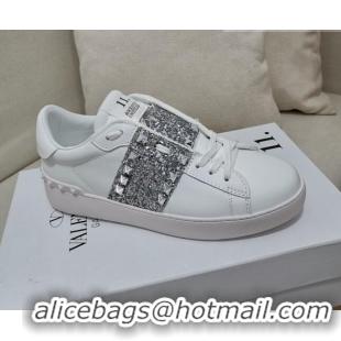 Super Quality Valentino Untitled Rockstud Sneakers with Silver Sequins Stripe in White Calfskin 427027