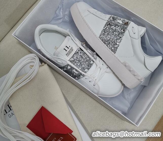 Super Quality Valentino Untitled Rockstud Sneakers with Silver Sequins Stripe in White Calfskin 427027