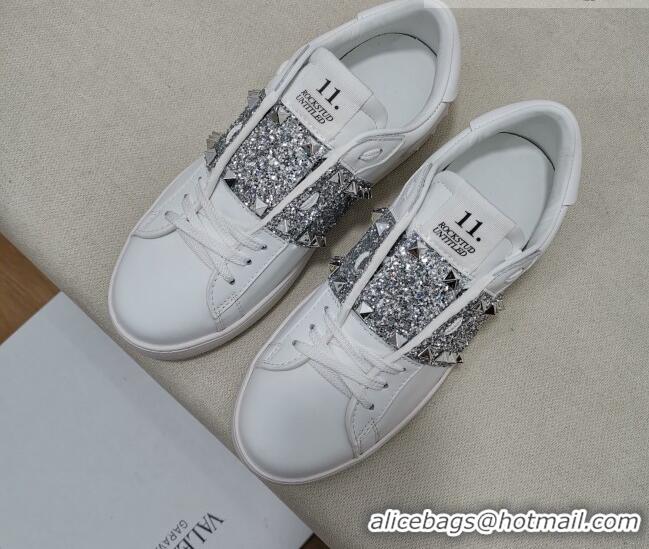 Super Quality Valentino Untitled Rockstud Sneakers with Silver Sequins Stripe in White Calfskin 427027