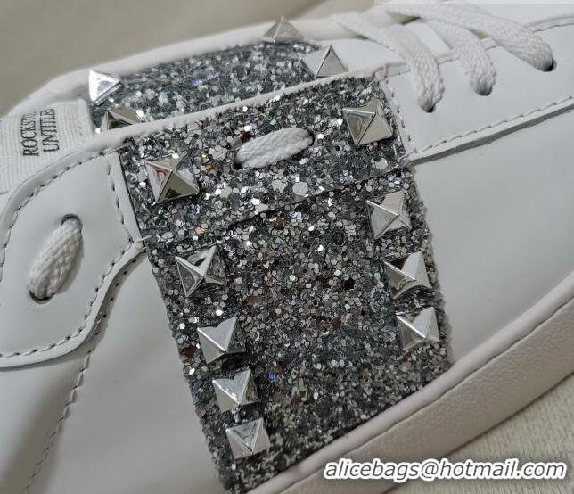 Super Quality Valentino Untitled Rockstud Sneakers with Silver Sequins Stripe in White Calfskin 427027