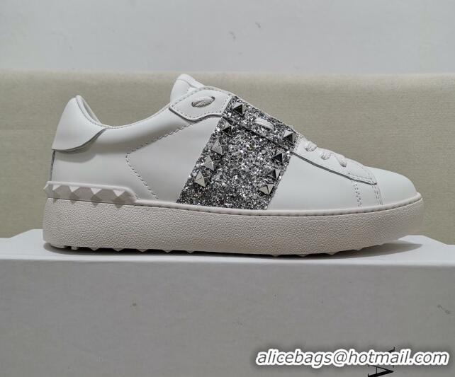 Super Quality Valentino Untitled Rockstud Sneakers with Silver Sequins Stripe in White Calfskin 427027