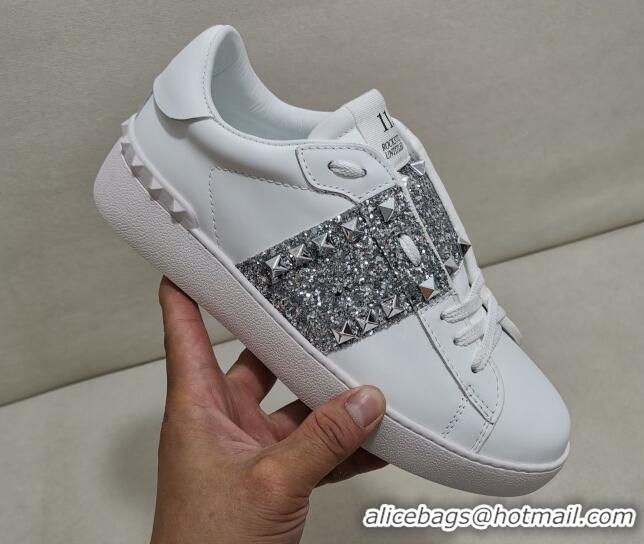 Super Quality Valentino Untitled Rockstud Sneakers with Silver Sequins Stripe in White Calfskin 427027