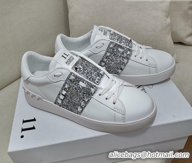 Super Quality Valentino Untitled Rockstud Sneakers with Silver Sequins Stripe in White Calfskin 427027