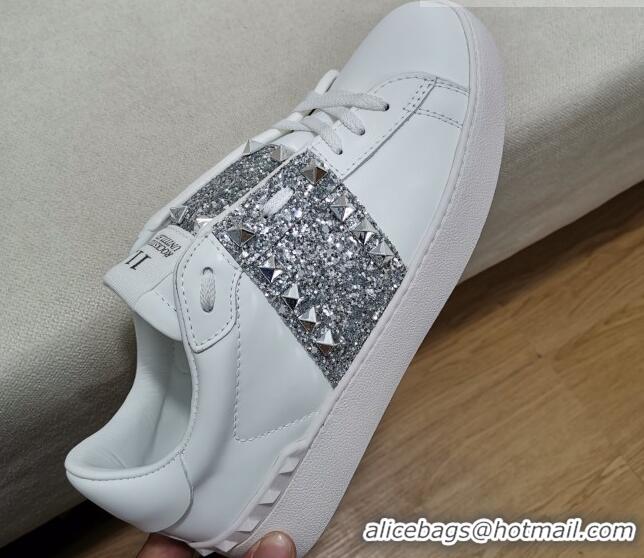 Super Quality Valentino Untitled Rockstud Sneakers with Silver Sequins Stripe in White Calfskin 427027