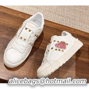 Top Grade Valentino Open Rockstud Sneakers in White Calfskin with Pink Sequins Heart 427029