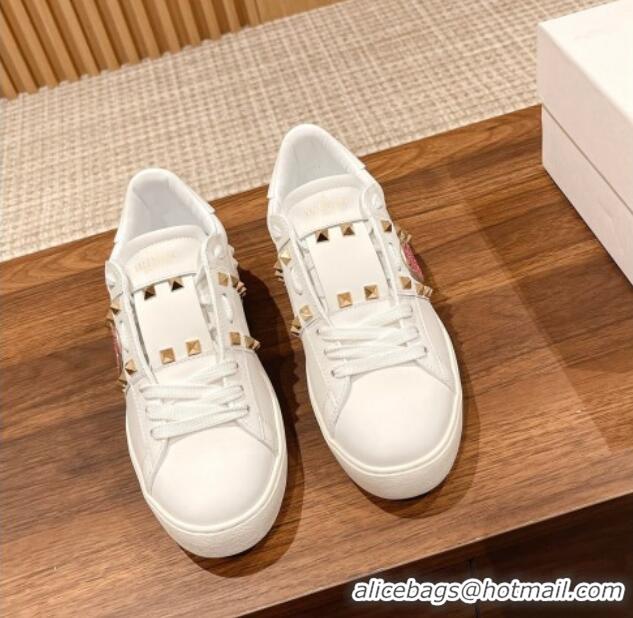 Top Grade Valentino Open Rockstud Sneakers in White Calfskin with Pink Sequins Heart 427029