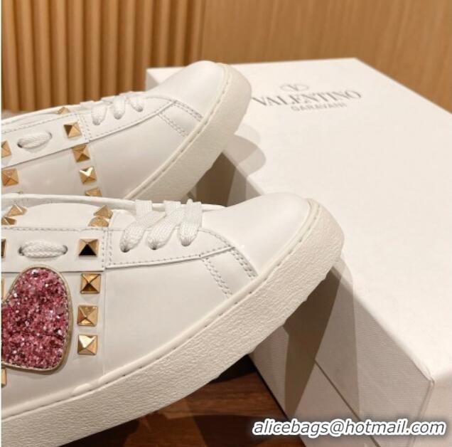 Top Grade Valentino Open Rockstud Sneakers in White Calfskin with Pink Sequins Heart 427029