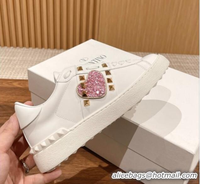 Top Grade Valentino Open Rockstud Sneakers in White Calfskin with Pink Sequins Heart 427029