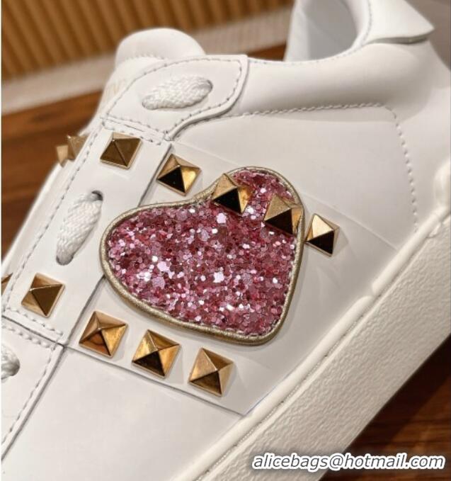 Top Grade Valentino Open Rockstud Sneakers in White Calfskin with Pink Sequins Heart 427029