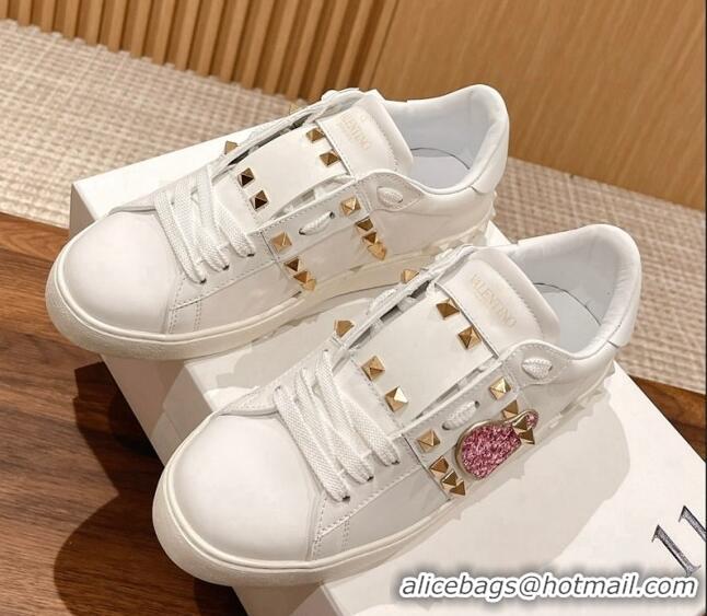 Top Grade Valentino Open Rockstud Sneakers in White Calfskin with Pink Sequins Heart 427029