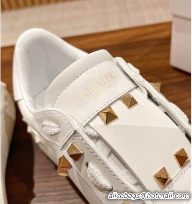 Top Grade Valentino Open Rockstud Sneakers in White Calfskin with Pink Sequins Heart 427029