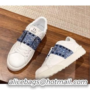 Perfect Valentino Untitled Rockstud Sneakers with Blue Sequins Stripe in White Calfskin 427030