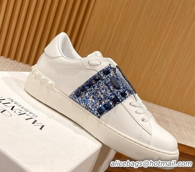 Perfect Valentino Untitled Rockstud Sneakers with Blue Sequins Stripe in White Calfskin 427030