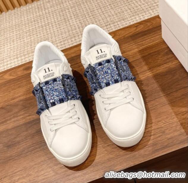 Perfect Valentino Untitled Rockstud Sneakers with Blue Sequins Stripe in White Calfskin 427030