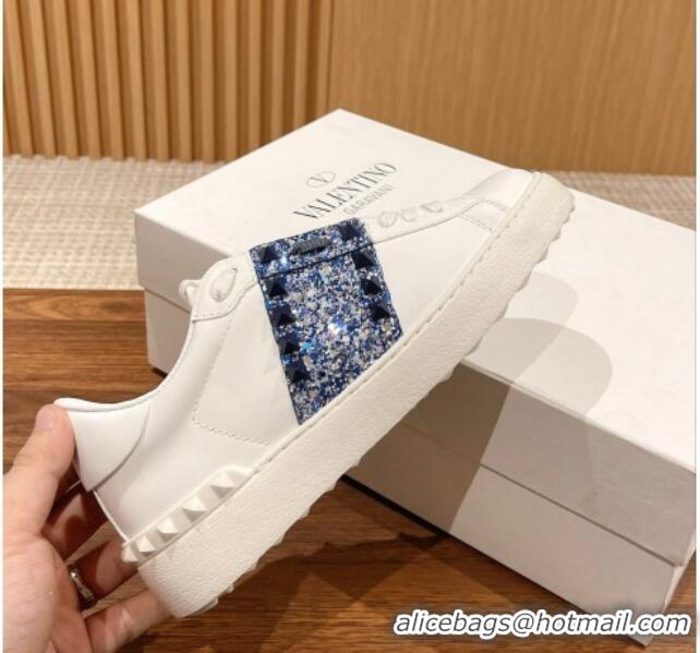 Perfect Valentino Untitled Rockstud Sneakers with Blue Sequins Stripe in White Calfskin 427030