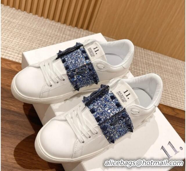 Perfect Valentino Untitled Rockstud Sneakers with Blue Sequins Stripe in White Calfskin 427030