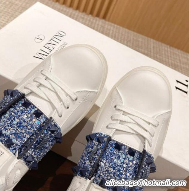 Perfect Valentino Untitled Rockstud Sneakers with Blue Sequins Stripe in White Calfskin 427030