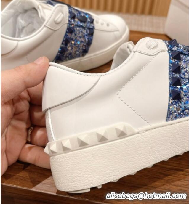 Perfect Valentino Untitled Rockstud Sneakers with Blue Sequins Stripe in White Calfskin 427030