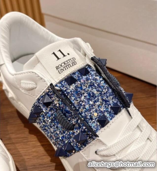 Perfect Valentino Untitled Rockstud Sneakers with Blue Sequins Stripe in White Calfskin 427030