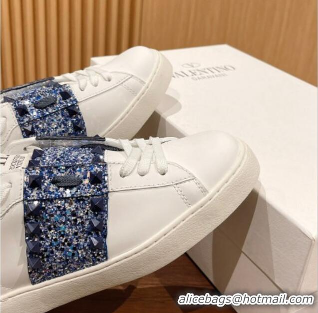 Perfect Valentino Untitled Rockstud Sneakers with Blue Sequins Stripe in White Calfskin 427030