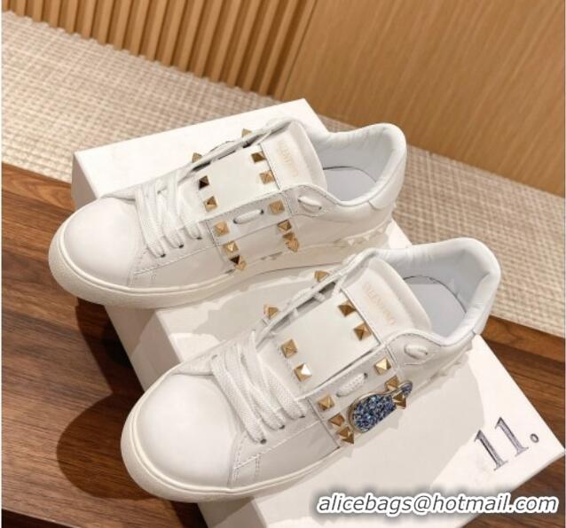 Good Looking Valentino Open Rockstud Sneakers in White Calfskin with Blue Sequins Heart 427031