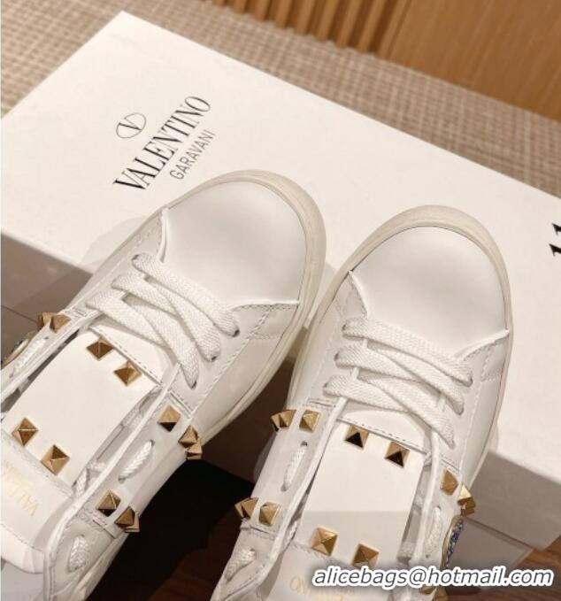 Good Looking Valentino Open Rockstud Sneakers in White Calfskin with Blue Sequins Heart 427031