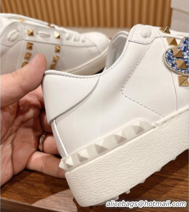 Good Looking Valentino Open Rockstud Sneakers in White Calfskin with Blue Sequins Heart 427031