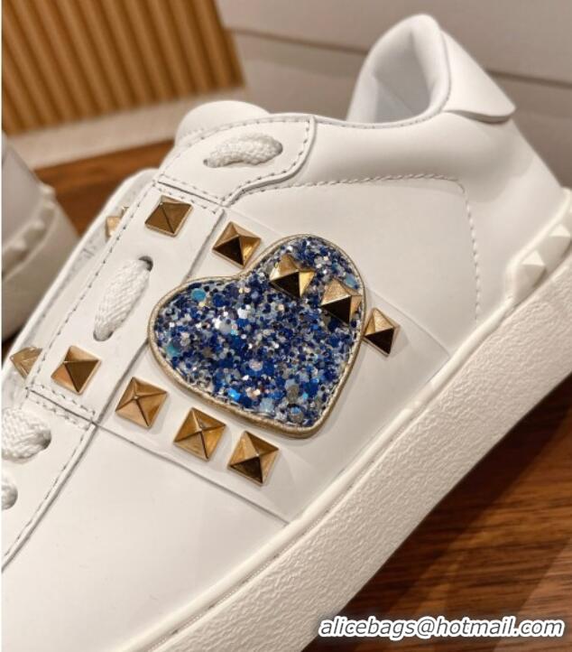 Good Looking Valentino Open Rockstud Sneakers in White Calfskin with Blue Sequins Heart 427031