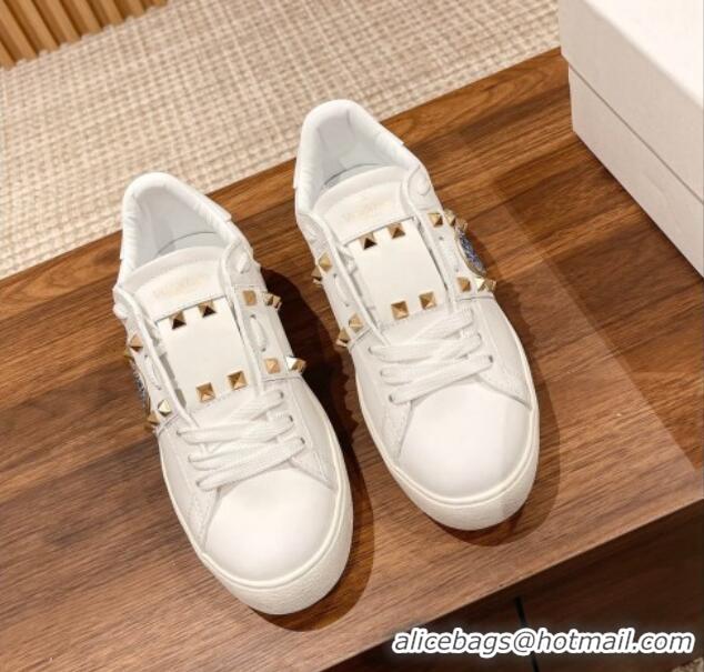 Good Looking Valentino Open Rockstud Sneakers in White Calfskin with Blue Sequins Heart 427031