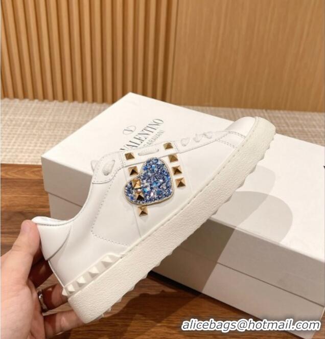 Good Looking Valentino Open Rockstud Sneakers in White Calfskin with Blue Sequins Heart 427031