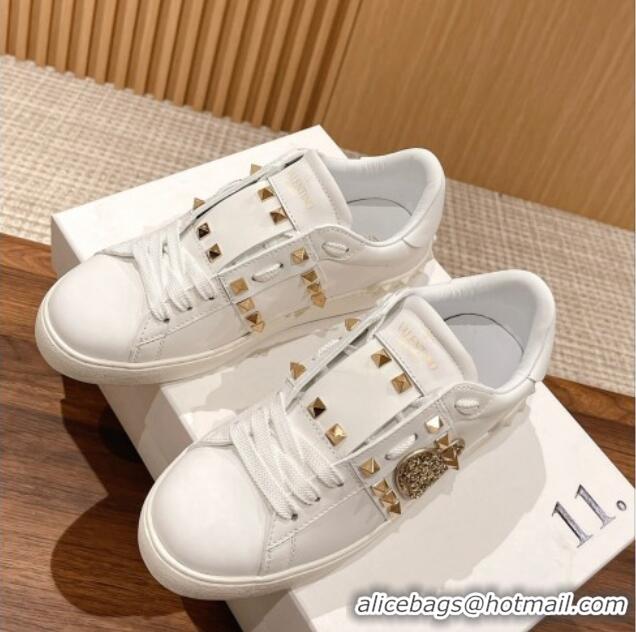 Pretty Style Valentino Open Rockstud Sneakers in White Calfskin with Gold Sequins Heart 427032