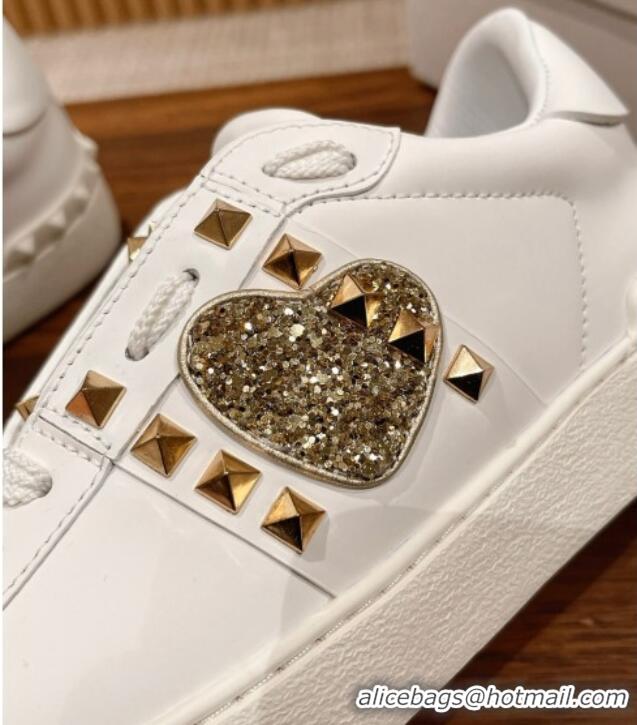 Pretty Style Valentino Open Rockstud Sneakers in White Calfskin with Gold Sequins Heart 427032